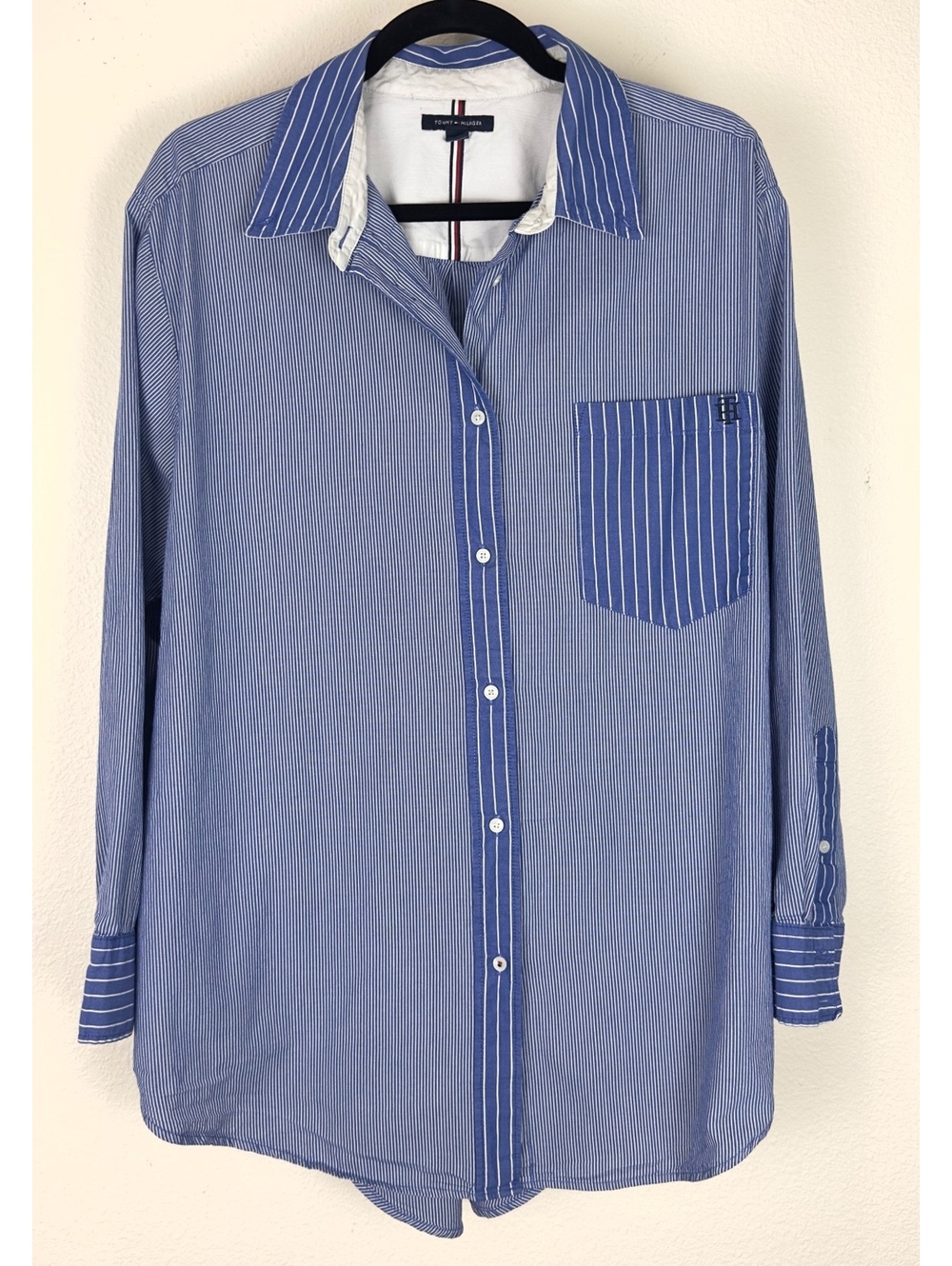 Tommy Hilfiger Women’s Large Blue Pinstripe Button Down Shirt Oversized Preppy